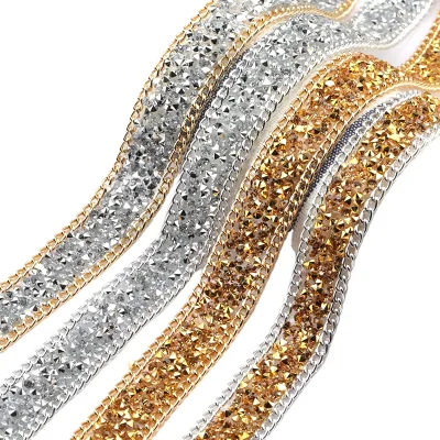 19.5mm Gold/silver Tape Crystal Hot Fix Trimming Rhinestone Fringe Trim on Roll for Dressing Garment Shoes
