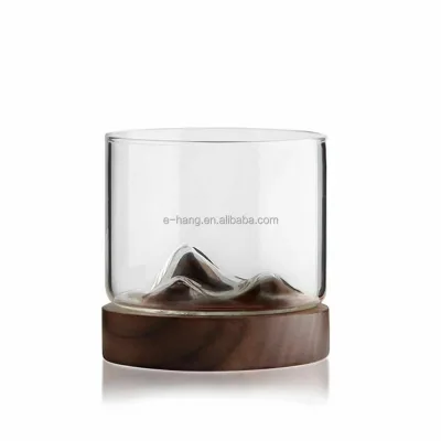 Customized Japanese Mountain Whiskey Glass Wooden Base Rocks Beer Glasses Set Bar Drinkware Whiskey Glass With Wooden coaster