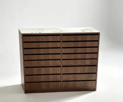 Modern Walnut Wood 16-Drawer Nail Storage Cabinet with White Marble Top Eco-Friendly Handmade Design for Beauty Salon Furniture