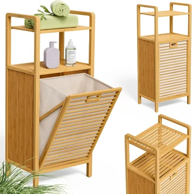 Bamboo Laundry Hamper Cabinet with Flip Slatted Door Top Open Storage Shelf Removable Fabric Liner Bathroom Clothes Organizer