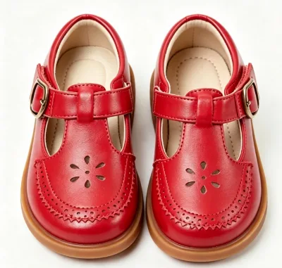 Red T Strap Mary Jane Shoes Floral Cutout Brogue Design Adjustable Buckle Round Toe Non Slip Rubber Soles