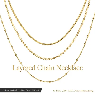 AIU Jewelry Triple Layered Chain Necklace Set 316L Stainless Steel 18K Gold Plated Snake Rolo Satellite Womens Demi-Fine OEM ODM