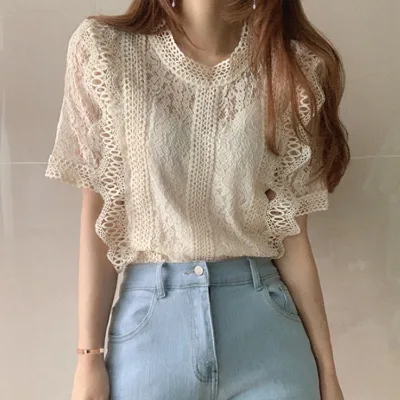 Fashion Women's Lace Knitted Plain Dyed Eco-Friendly Breathable Short Sleeve French Stand Collar Hollow Out Casual Shirt