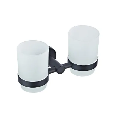Brass Bathroom Wall Mounted Toothbrush Holder Set with 2 Frosted Glass Cups Black Double Mouthwash Cup Holder