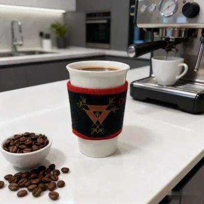 Factory Custom Embroidered Red Edge Knitted Heat-insulated Cup Sleeve, Anti-slip Anti-scald Coffee Cup Cover Decor Sleeve