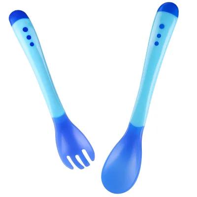 Soft-Tip Heat Sensitive Infant Spoons Flexible Heat Changing Baby Spoon and Fork Feeding Set for Baby Training