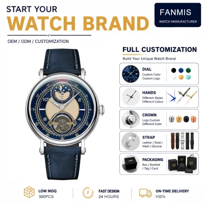 Custom Logo Men's Stainless Steel Mechanical Watch Sun Moon Phase Tourbillon Window Leather Strap Wristwatch