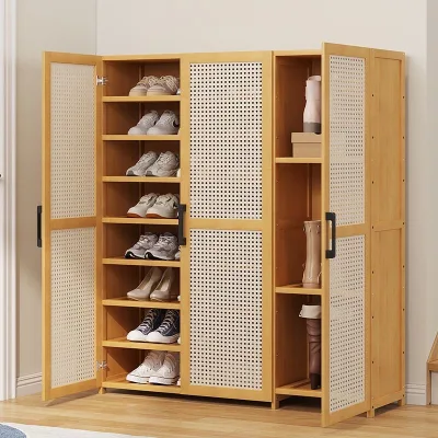 Bamboo Shoe Cabinet with 8 Tiers Ventilated Doors Boot Storage Entryway Organizer Living Room Hallway Natural Color Schuhschrank