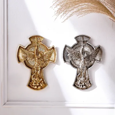 Resin Saint Michael Wall Cross Hanging Ornament Archangel Relief Sculpture Religious Wall Decor Cross Plaque for Church Home