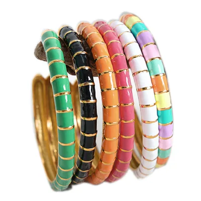 Candy Gold Plating Colorful Enamel Bangles Bamboo Stripe Open Cuff Stainless Steel Bracelet for Women