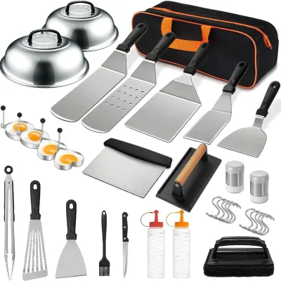 Custom Logo Reusable BBQ Grill Accessories Set Stainless Steel Portable Barbecue Tool Kit Flat Top Grill Spatula Kit
