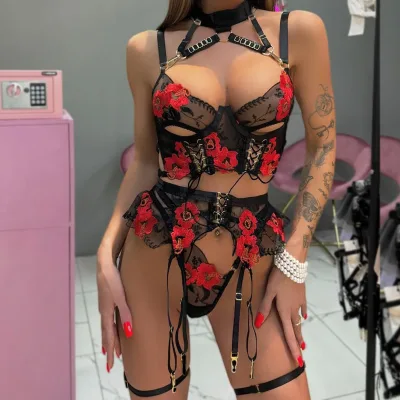 European American Floral Lace Embroidery Craft Underwear Halter Multi Strap Cutout Garter Three Piece Set Lingerie