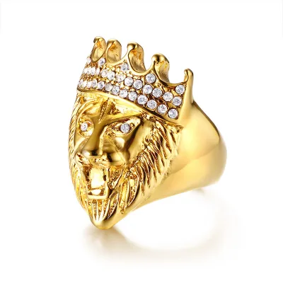 Luxury Fashion Men's Jewelry Waterproof 18K Gold Plated Stainless Steel King Lion Crown Diamond Ring