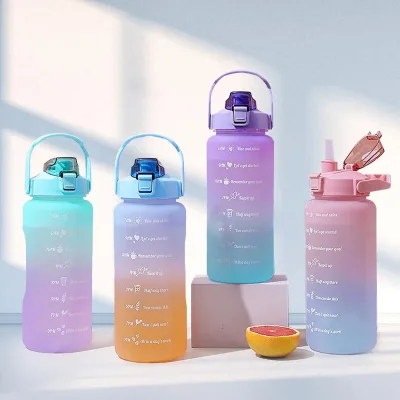 Custom Logo 2 Liter Gym Water Bottle with Time Marker Straw Plastic Reuseable Frosted Cup for Drinking