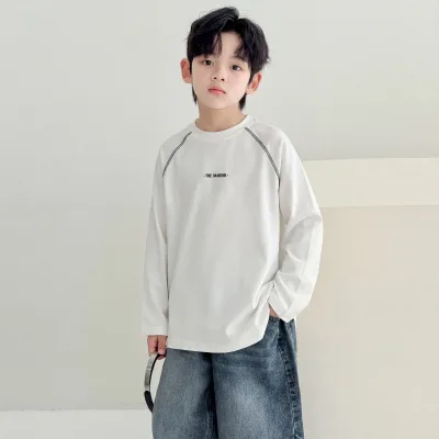 Boys Korean Style Cotton Long-sleeve Raglan Sleeve T-shirt Autumn New Chic Mid-to-large Size White Letter
