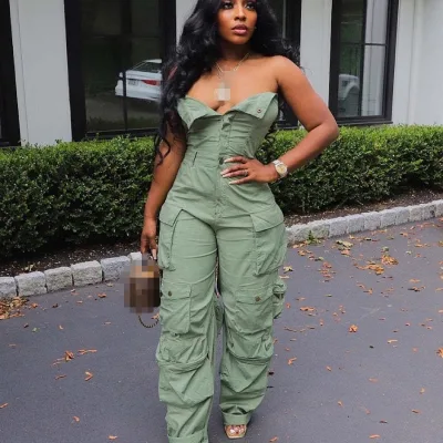 Summer European and American Sexy Slim Fit Strapless Women Jumpsuit Single Breasted Multi Pocket High Waist Wide Leg Jumpsuit