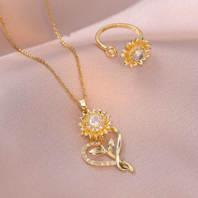 Rotating Sunflower Cubic Zirconia Pendant Necklace Open Flower Ring Relieve Stress Spinner Heart Shaped Sunflower Necklace