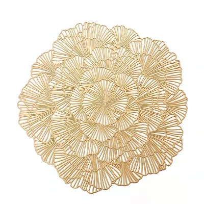 Gold Round 15 Inch Placemat Hollow Out Flower Shaped Table Mat Pressed Vinyl Kitchen Wedding Placemat for Dining Table
