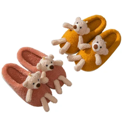 LK High Quality Warm Cute Cartoon Plush Home SlippersTPR Sole Teddy Bear Women Slippers