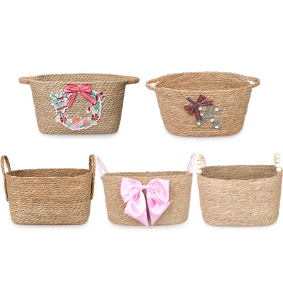 Factory Hot Selling Wholesale Eco-friendly Material Handmade Durable Natural Cattail Woven Multifunction Storage Baskets
