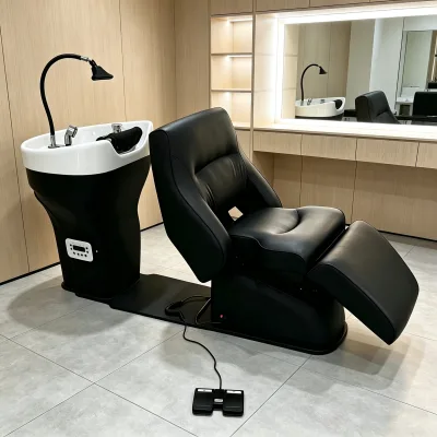 Wholesale Electric Shampoo Chair Backwash Unit Water Circulation Ceramic Bowl Reclining Hair Salon Sink Foot Pedal Control OEM