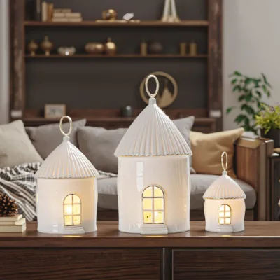 Customized Hand Painted Ceramic Colorful Christmas Village Miniature Porcelain House Nordic Style for Home Ornament Decoration