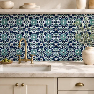 Luxury Moroccan Ceramic Wall Tile Blue Geometric Pattern Decorative Tile for Spa Wellness Center Feature Wall