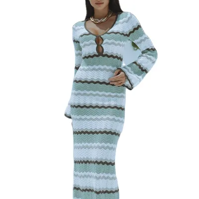Knitwear Manufacturers Custom Long Sleeve Maxi Elegant Casual Oversized Striated Dresses for Women Sweater Knit Dress