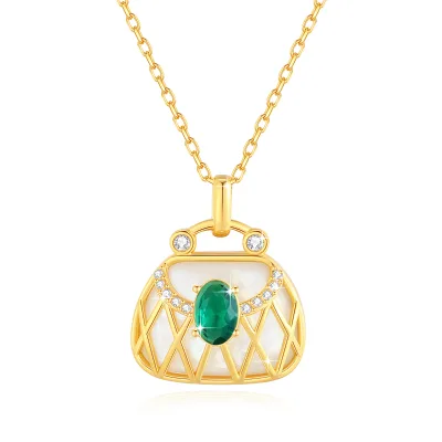 Fashion Style Real Gold Jewelry 18K Gold 5D Engagement Party Gift Natural Emerald Shell Luxury Woman Gold Bag Pendant