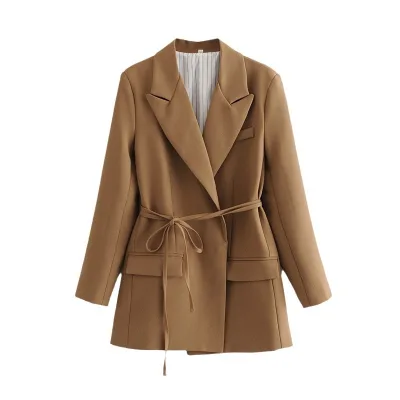 Women's 2024 Spring Fall New Casual Tie Belt Blazers Business Suits Elegant Anti-Wrinkle Long-Sleeved Jacket Pocket Solid Color