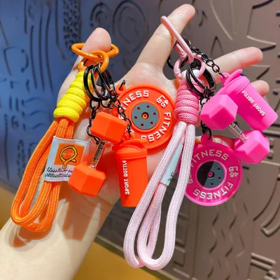 Fitness Dumbbell-Shaped Keychain with Braided Rope Creative Sport Barbell Rubber Key Ring 3D Silicone Sport Rubber Keychain