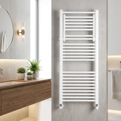 Matte White Straight Round Tube Towel Rail, Wall Mount Hydronic Heated Towel Rack for Household Bathroom Decoration
