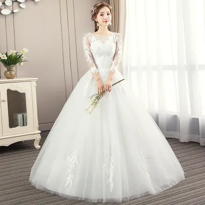 2020 New Fashion Long Sleeve Floor Length 3XL Plus Size Ivory Embroidered Bamboo Leaf Lace Applique Wedding Dress
