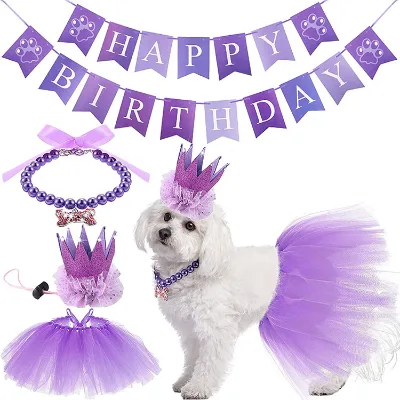 Pet Birthday Banner Pull Flag Dog Bone Necklace Crown Yarn Skirt Dog Birthday Party Decoration