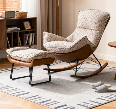 Vintage Rocking Chair Set With Footrest Mixed Material Rocker Single Lounge Chair for Home Cafe Homestay Project