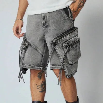 Custom High Quality Heavy Thick 480gsm Cotton Denim Shorts Streetwear 3D Big Pockets with Zipper Tassel Wash Cargo Denim Shorts