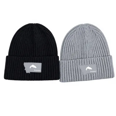 Custom Rib Knit Beanie Embossed PU Leather Patch Winter Knit Hat for Outdoor Wear