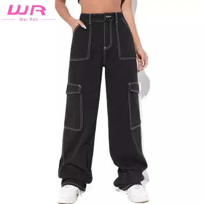 New Custom High Waisted Casual Fire Print Stitch Detail Zipper Fly Straight Leg Jean Cargo Pants Women