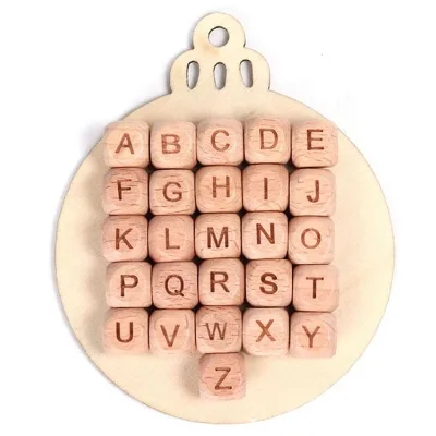 Custom 10MM 12MM Laser Engraved Dice Wood Color Beech Square Cube Wooden English Alphabet Letter Beads With Hole