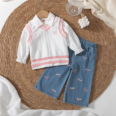 2026 New Autumn Cross-Border Striped Cotton Preppy-Style Three-Piece Set for Girls Lapel Shirt + Knitted Vest + Embroidered