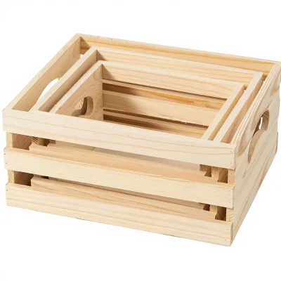Rustic Wooden Nesting Crates Handles Decorative Storage Boxes for Kitchen Office Closet-Polished Surface
