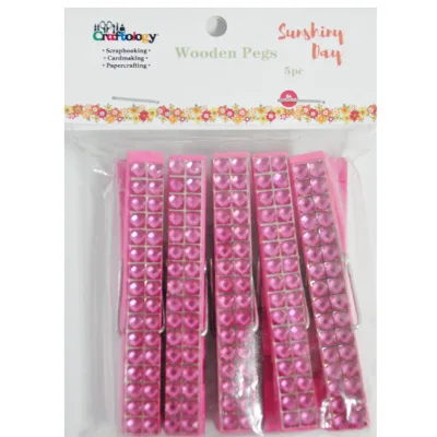5pcs 70mm Shining Rhinestone pink Wooden Pegs