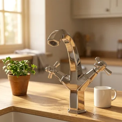 Buterfleoge Highly Polished Chrome Dual Cross Handle Basin Faucet Deck Mount Soild Brass Hot Cold Water Kitchen Mixer Tap