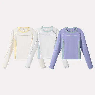 Tight Stretch Sports Long Sleeved T-shirt Quick Drying Slim Fit Sweet Style Canvas Fabric Spliced Bottom Top for Women