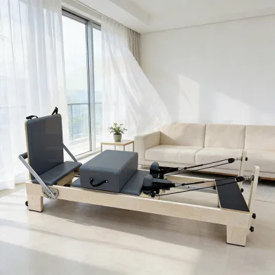 Professional Maple Pilates Reformer Full Sliding Track With Grey Cushion Silent Casters for Daily Personal Home Pilates Training