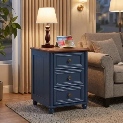 Changsheng Farmhouse 3-Drawer Roman Column Wood Nightstand Set for Bedroom Home Furniture