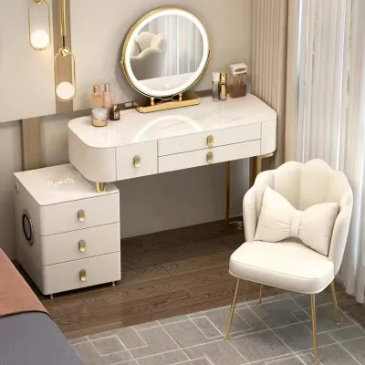 Small Makeup Vanity Desk with Mirror,  White Pink Gray Vanity Table Set with Storage Drawer Bedroom