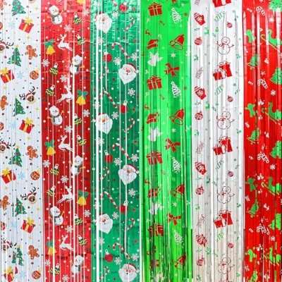 Glitter Plastic Christmas Red Green White Santa Snowman Tinsel Wall Hanging Backdrop 3.2x6.5ft Birthday Party Decorations