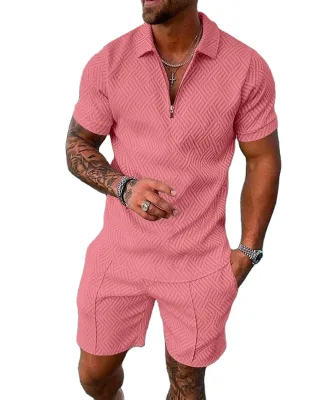 Men's New Hot Casual Sportswear Vacation Outing POLO Zipper Short Sleeve + Elastic Waist Drawstring Shorts Leisure Suit