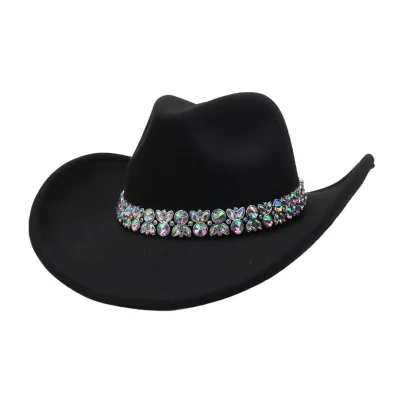 Go Western Fabric Suede Cowboy Cowgirl Hat Iridescent White Rhinestone Carnival Party Fashion Show Fedora Hats